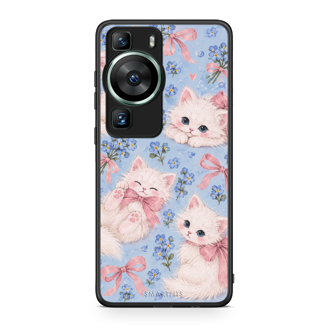 Θήκη Huawei P60 White Kittens and Blue Flowers Large από τη Smartfits με σχέδιο στο πίσω μέρος και μαύρο περίβλημα | Huawei P60 White Kittens and Blue Flowers Large case with colorful back and black bezels