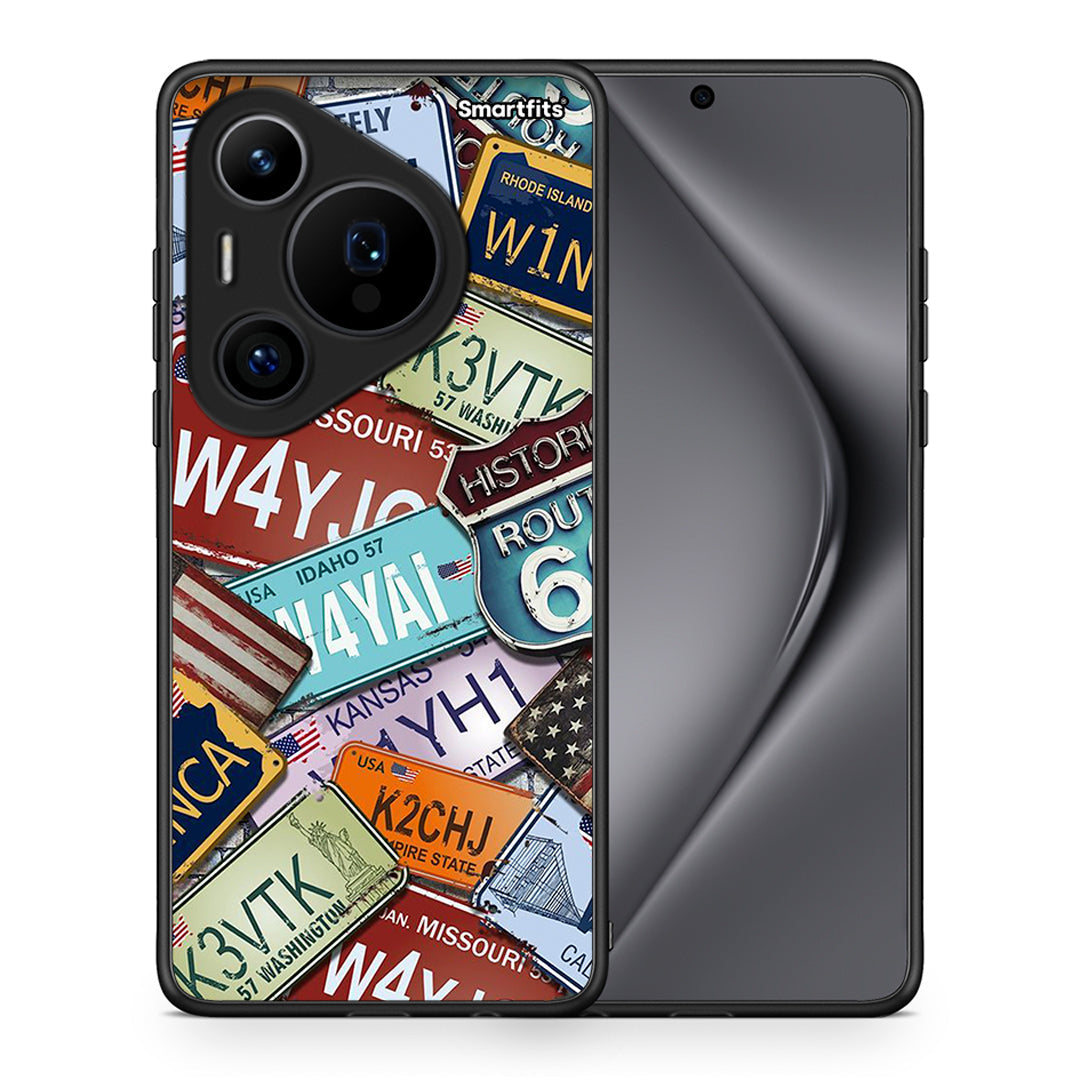 Θήκη Huawei Pura 70 Pro / 70 Pro+ Car Plates από τη Smartfits με σχέδιο στο πίσω μέρος και μαύρο περίβλημα | Huawei Pura 70 Pro / 70 Pro+ Car Plates case with colorful back and black bezels