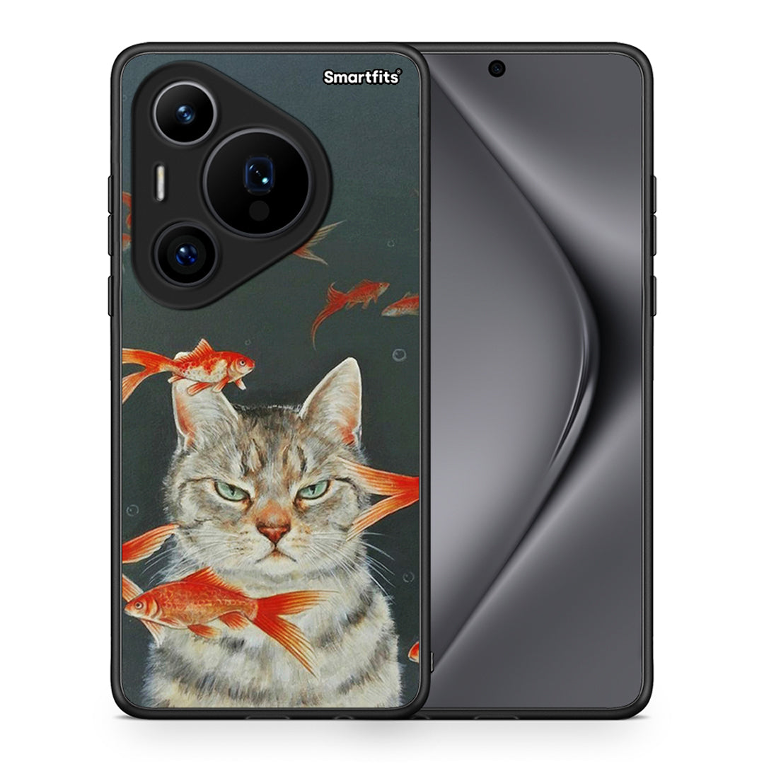 Θήκη Huawei Pura 70 Pro / 70 Pro+ Cat Goldfish από τη Smartfits με σχέδιο στο πίσω μέρος και μαύρο περίβλημα | Huawei Pura 70 Pro / 70 Pro+ Cat Goldfish case with colorful back and black bezels