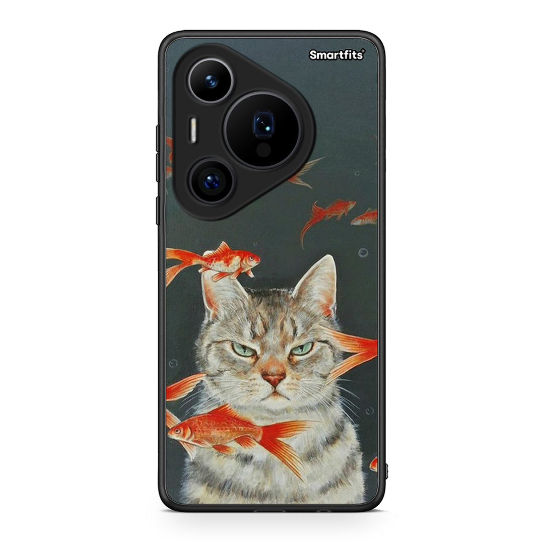Huawei Pura 70 Pro / 70 Pro+ Cat Goldfish θήκη από τη Smartfits με σχέδιο στο πίσω μέρος και μαύρο περίβλημα | Smartphone case with colorful back and black bezels by Smartfits