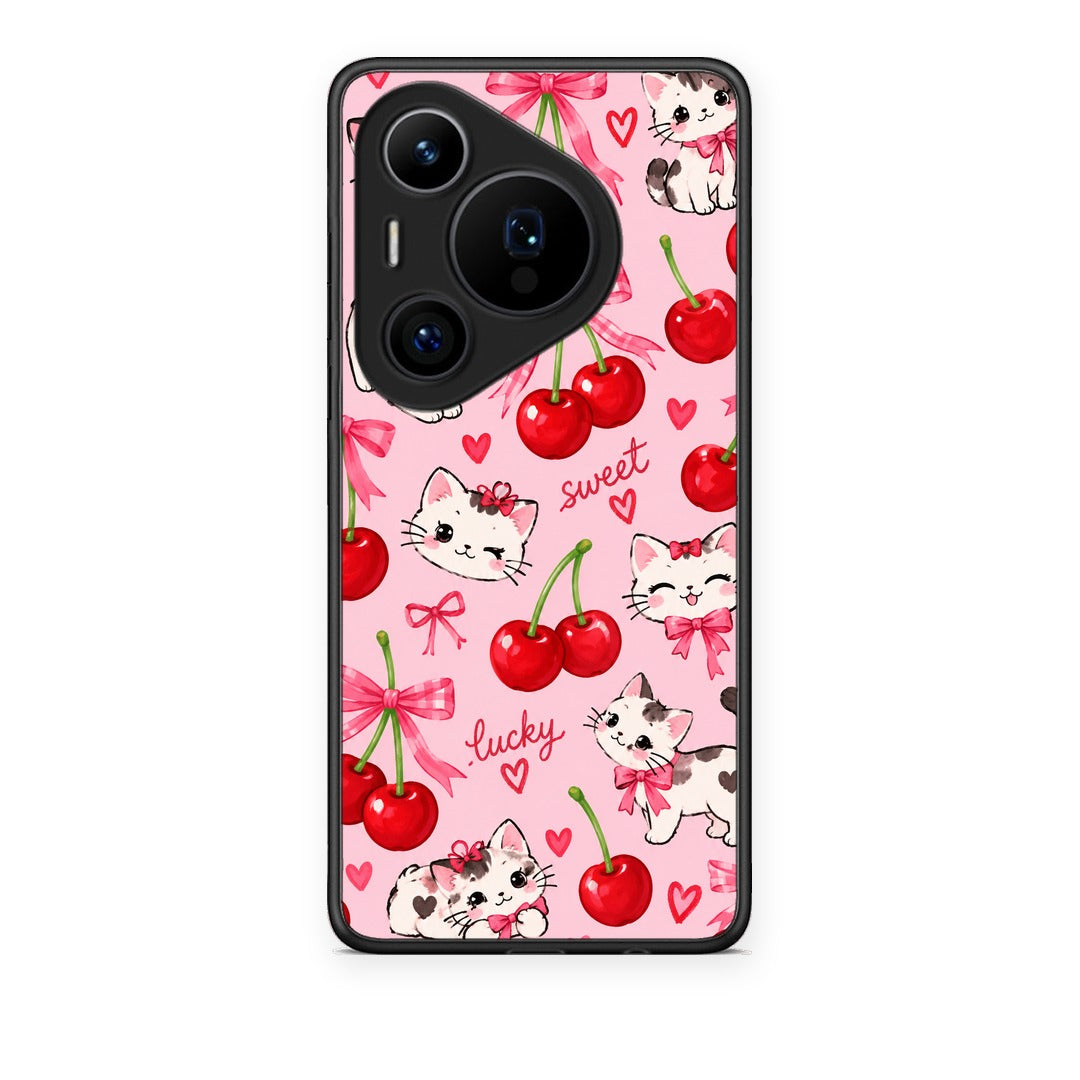Θήκη Huawei Pura 70 Pro / 70 Pro+ Cherries Bows and Kittens on Pink από τη Smartfits με σχέδιο στο πίσω μέρος και μαύρο περίβλημα | Huawei Pura 70 Pro / 70 Pro+ Cherries Bows and Kittens on Pink case with colorful back and black bezels