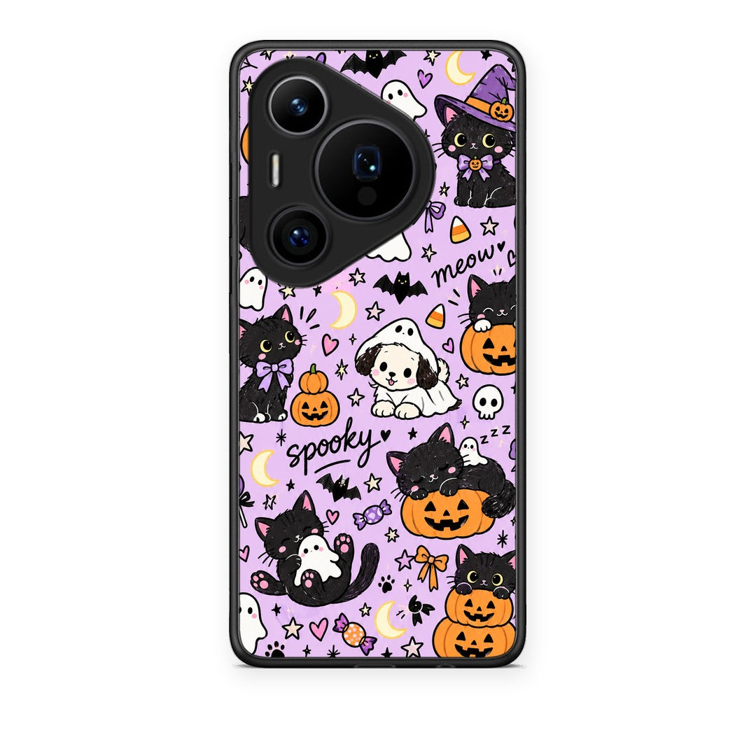 Θήκη Huawei Pura 70 Pro / 70 Pro+ Halloween Black Cats on Lilac από τη Smartfits με σχέδιο στο πίσω μέρος και μαύρο περίβλημα | Huawei Pura 70 Pro / 70 Pro+ Halloween Black Cats on Lilac case with colorful back and black bezels