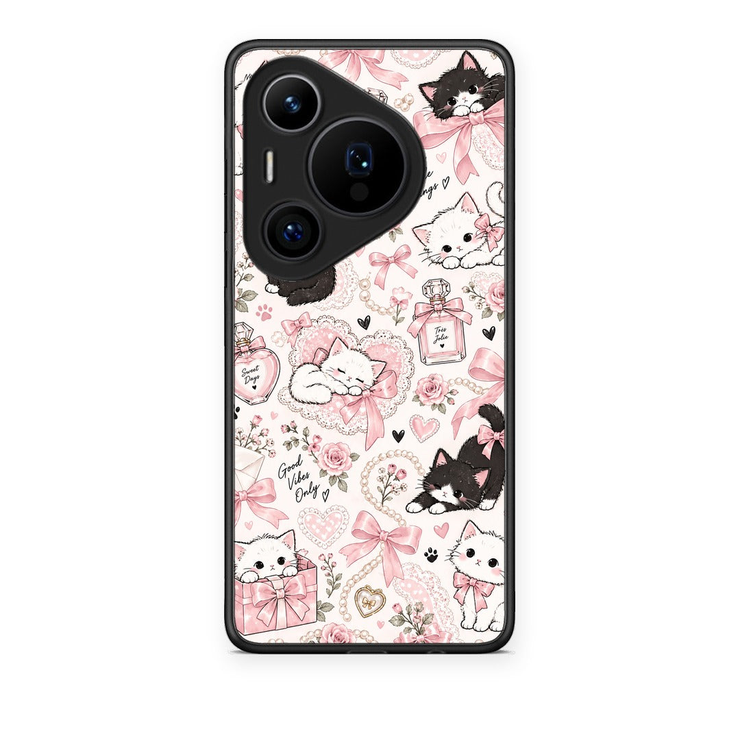 Θήκη Huawei Pura 70 Pro / 70 Pro+ Pink Bows and Kittens Collage από τη Smartfits με σχέδιο στο πίσω μέρος και μαύρο περίβλημα | Huawei Pura 70 Pro / 70 Pro+ Pink Bows and Kittens Collage case with colorful back and black bezels
