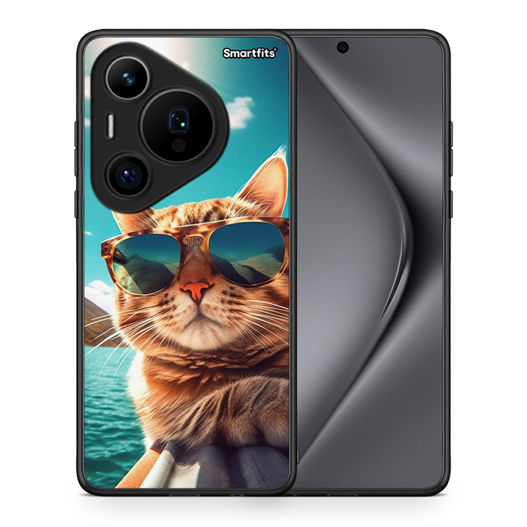 Θήκη Huawei Pura 70 Pro / 70 Pro+ Summer Cat από τη Smartfits με σχέδιο στο πίσω μέρος και μαύρο περίβλημα | Huawei Pura 70 Pro / 70 Pro+ Summer Cat case with colorful back and black bezels
