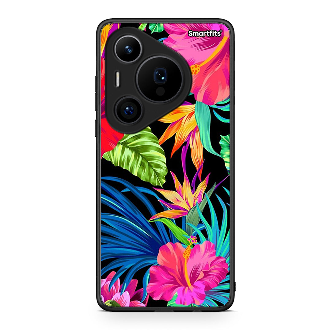 Huawei Pura 70 Pro / 70 Pro+ Tropical Flowers θήκη από τη Smartfits με σχέδιο στο πίσω μέρος και μαύρο περίβλημα | Smartphone case with colorful back and black bezels by Smartfits