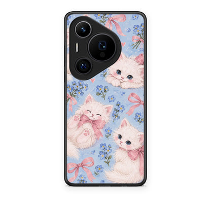 Θήκη Huawei Pura 70 Pro / 70 Pro+ White Kittens and Blue Flowers Large από τη Smartfits με σχέδιο στο πίσω μέρος και μαύρο περίβλημα | Huawei Pura 70 Pro / 70 Pro+ White Kittens and Blue Flowers Large case with colorful back and black bezels