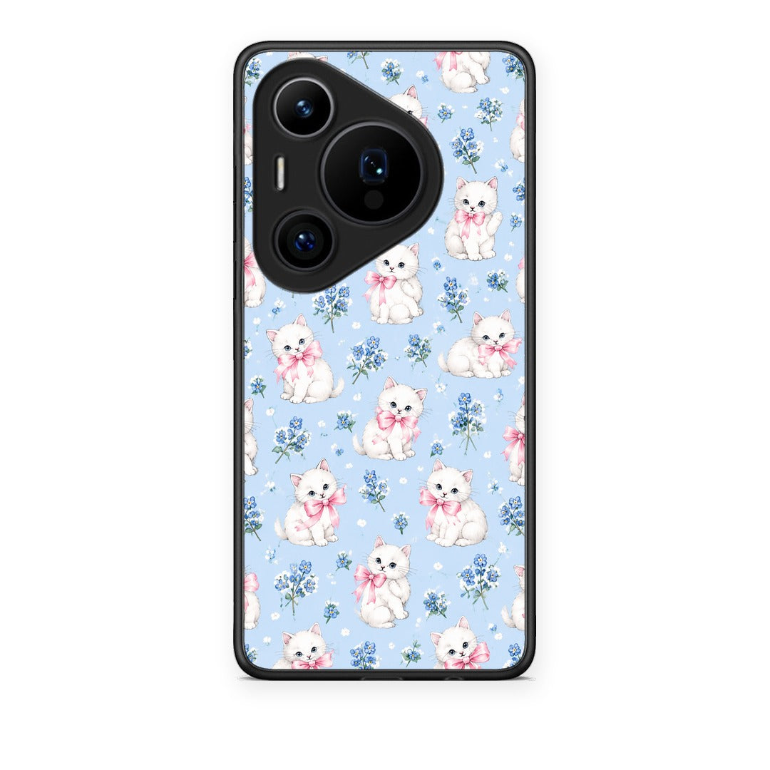 Θήκη Huawei Pura 70 Pro / 70 Pro+ White Kittens and Blue Flowers Small από τη Smartfits με σχέδιο στο πίσω μέρος και μαύρο περίβλημα | Huawei Pura 70 Pro / 70 Pro+ White Kittens and Blue Flowers Small case with colorful back and black bezels