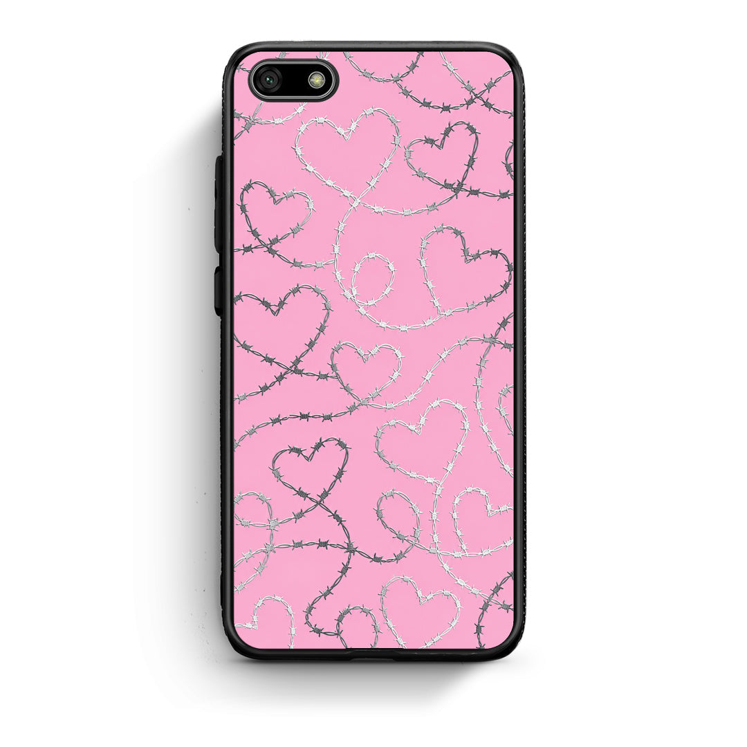 Θήκη Huawei Y5 2018 / Honor 7S Barbed Wire Hearts on Pink από τη Smartfits με σχέδιο στο πίσω μέρος και μαύρο περίβλημα | Huawei Y5 2018 / Honor 7S Barbed Wire Hearts on Pink case with colorful back and black bezels