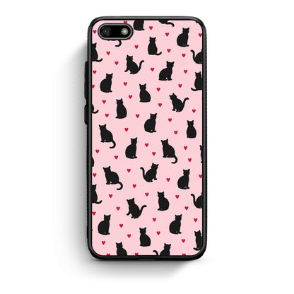 Θήκη Huawei Y5 2018 / Honor 7S Black Cat Silhouettes and Hearts on Pink από τη Smartfits με σχέδιο στο πίσω μέρος και μαύρο περίβλημα | Huawei Y5 2018 / Honor 7S Black Cat Silhouettes and Hearts on Pink case with colorful back and black bezels