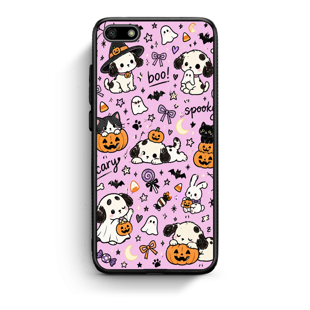 Θήκη Huawei Y5 2018 / Honor 7S Halloween Puppies and Friends on Lilac από τη Smartfits με σχέδιο στο πίσω μέρος και μαύρο περίβλημα | Huawei Y5 2018 / Honor 7S Halloween Puppies and Friends on Lilac case with colorful back and black bezels
