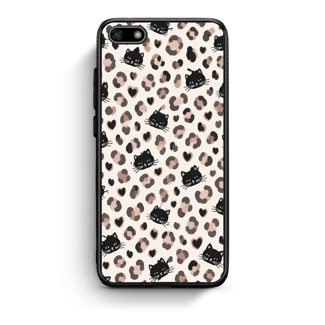 Θήκη Huawei Y5 2018 / Honor 7S Leopard Spots and Black Cats on Cream από τη Smartfits με σχέδιο στο πίσω μέρος και μαύρο περίβλημα | Huawei Y5 2018 / Honor 7S Leopard Spots and Black Cats on Cream case with colorful back and black bezels