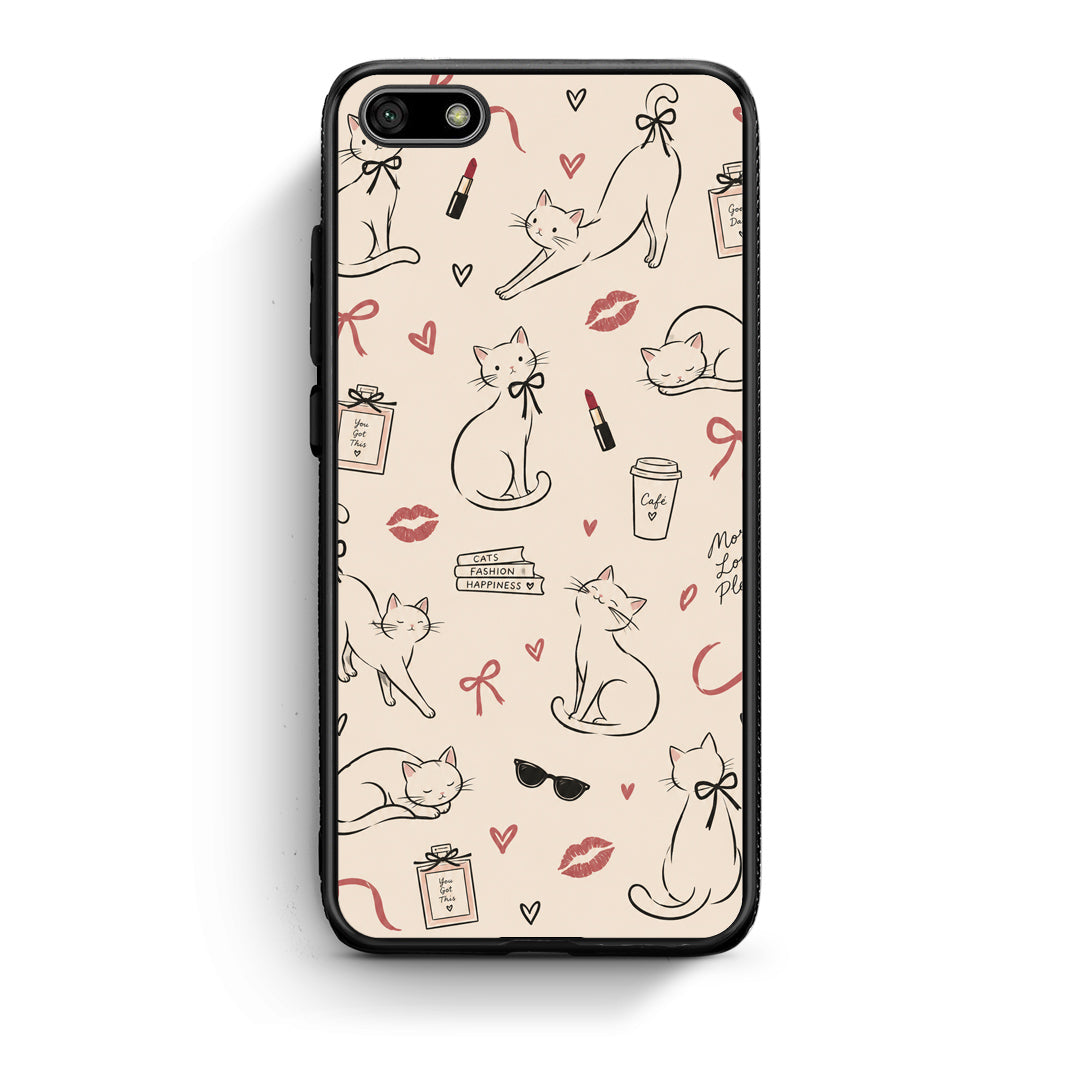 Θήκη Huawei Y5 2018 / Honor 7S Minimal Cat and Fashion Doodles on Cream από τη Smartfits με σχέδιο στο πίσω μέρος και μαύρο περίβλημα | Huawei Y5 2018 / Honor 7S Minimal Cat and Fashion Doodles on Cream case with colorful back and black bezels