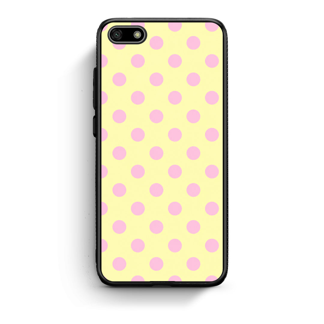 Θήκη Huawei Y5 2018 / Honor 7S Pink Polka Dots on Yellow από τη Smartfits με σχέδιο στο πίσω μέρος και μαύρο περίβλημα | Huawei Y5 2018 / Honor 7S Pink Polka Dots on Yellow case with colorful back and black bezels