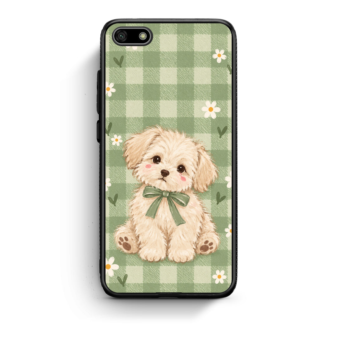 Θήκη Huawei Y5 2018 / Honor 7S Puppy and Daisies on Sage Gingham από τη Smartfits με σχέδιο στο πίσω μέρος και μαύρο περίβλημα | Huawei Y5 2018 / Honor 7S Puppy and Daisies on Sage Gingham case with colorful back and black bezels