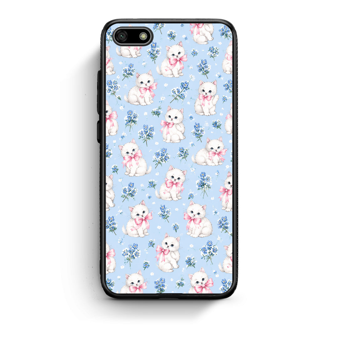 Θήκη Huawei Y5 2018 / Honor 7S White Kittens and Blue Flowers Small από τη Smartfits με σχέδιο στο πίσω μέρος και μαύρο περίβλημα | Huawei Y5 2018 / Honor 7S White Kittens and Blue Flowers Small case with colorful back and black bezels