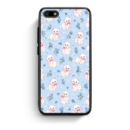 Θήκη Huawei Y5 2018 / Honor 7S White Kittens and Blue Flowers Small από τη Smartfits με σχέδιο στο πίσω μέρος και μαύρο περίβλημα | Huawei Y5 2018 / Honor 7S White Kittens and Blue Flowers Small case with colorful back and black bezels