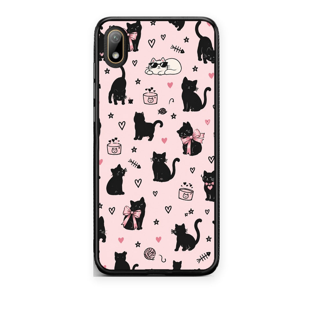 Θήκη Huawei Y5 2019 Black Cat Doodles on Pink από τη Smartfits με σχέδιο στο πίσω μέρος και μαύρο περίβλημα | Huawei Y5 2019 Black Cat Doodles on Pink case with colorful back and black bezels