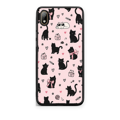 Θήκη Huawei Y5 2019 Black Cat Doodles on Pink από τη Smartfits με σχέδιο στο πίσω μέρος και μαύρο περίβλημα | Huawei Y5 2019 Black Cat Doodles on Pink case with colorful back and black bezels