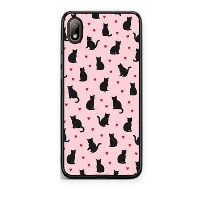 Θήκη Huawei Y5 2019 Black Cat Silhouettes and Hearts on Pink από τη Smartfits με σχέδιο στο πίσω μέρος και μαύρο περίβλημα | Huawei Y5 2019 Black Cat Silhouettes and Hearts on Pink case with colorful back and black bezels