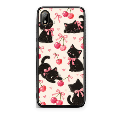 Θήκη Huawei Y5 2019 Black Kittens and Cherries on Cream από τη Smartfits με σχέδιο στο πίσω μέρος και μαύρο περίβλημα | Huawei Y5 2019 Black Kittens and Cherries on Cream case with colorful back and black bezels