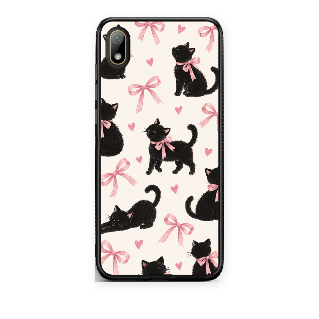 Θήκη Huawei Y5 2019 Black Kittens and Pink Bows on Cream Large από τη Smartfits με σχέδιο στο πίσω μέρος και μαύρο περίβλημα | Huawei Y5 2019 Black Kittens and Pink Bows on Cream Large case with colorful back and black bezels