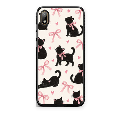Θήκη Huawei Y5 2019 Black Kittens and Pink Bows on Cream Large από τη Smartfits με σχέδιο στο πίσω μέρος και μαύρο περίβλημα | Huawei Y5 2019 Black Kittens and Pink Bows on Cream Large case with colorful back and black bezels