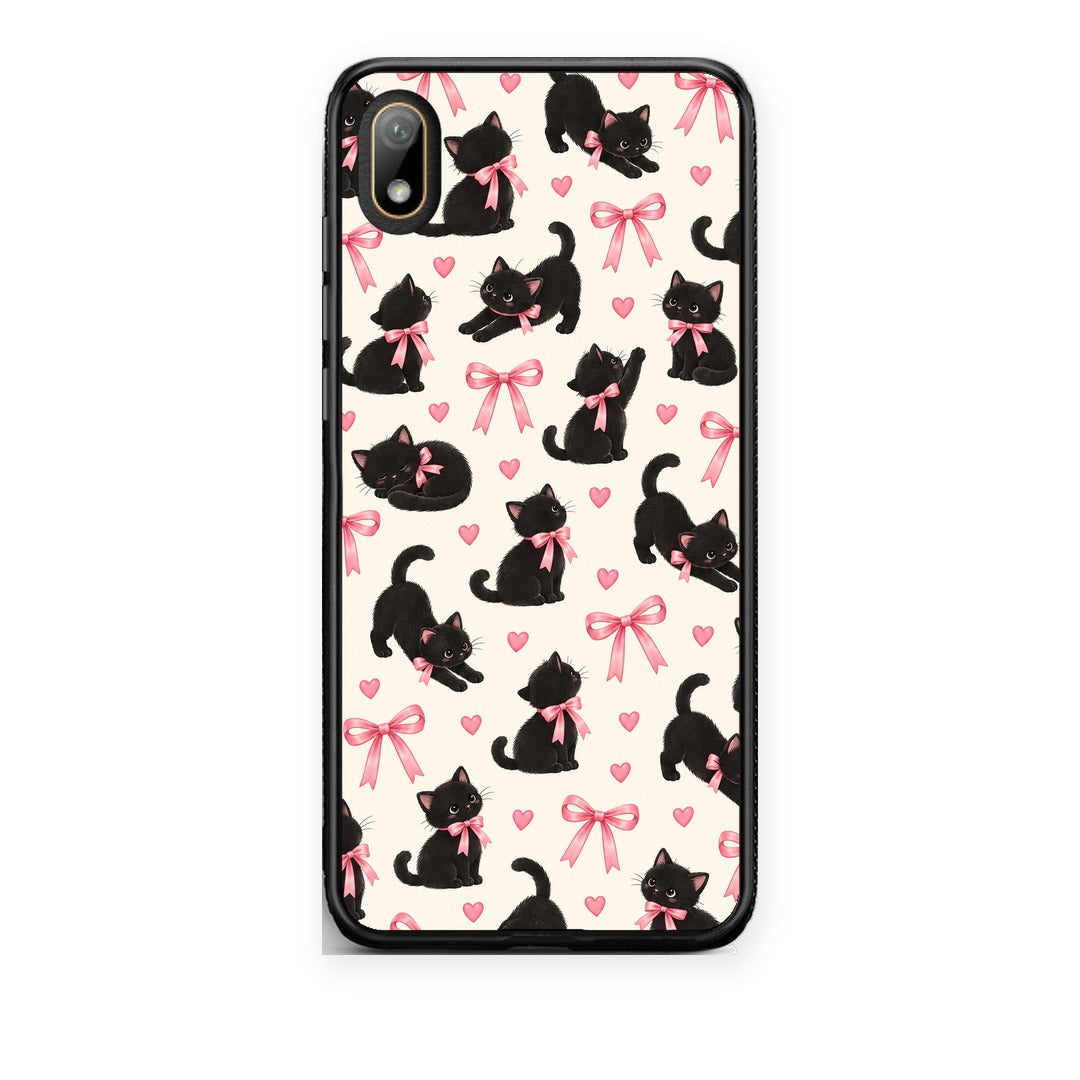 Θήκη Huawei Y5 2019 Black Kittens and Pink Bows on Cream Small από τη Smartfits με σχέδιο στο πίσω μέρος και μαύρο περίβλημα | Huawei Y5 2019 Black Kittens and Pink Bows on Cream Small case with colorful back and black bezels