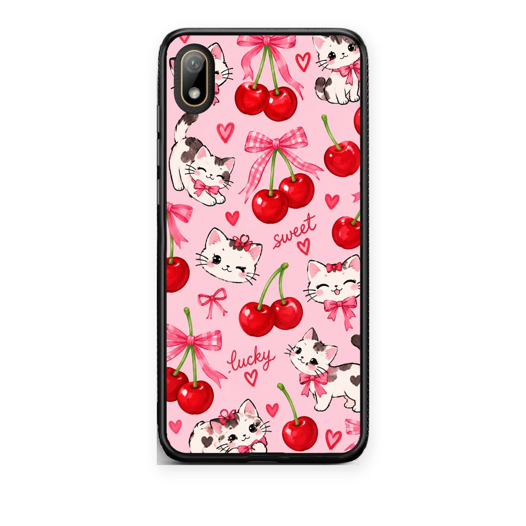 Θήκη Huawei Y5 2019 Cherries Bows and Kittens on Pink από τη Smartfits με σχέδιο στο πίσω μέρος και μαύρο περίβλημα | Huawei Y5 2019 Cherries Bows and Kittens on Pink case with colorful back and black bezels
