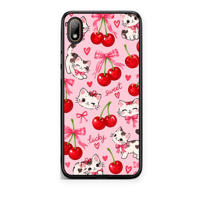 Θήκη Huawei Y5 2019 Cherries Bows and Kittens on Pink από τη Smartfits με σχέδιο στο πίσω μέρος και μαύρο περίβλημα | Huawei Y5 2019 Cherries Bows and Kittens on Pink case with colorful back and black bezels