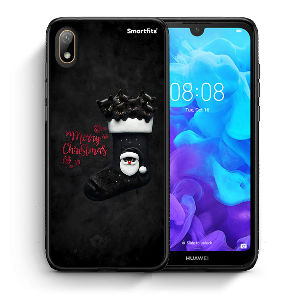 Θήκη Huawei Y5 2019 Merry Cat Christmas από τη Smartfits με σχέδιο στο πίσω μέρος και μαύρο περίβλημα | Huawei Y5 2019 Merry Cat Christmas case with colorful back and black bezels