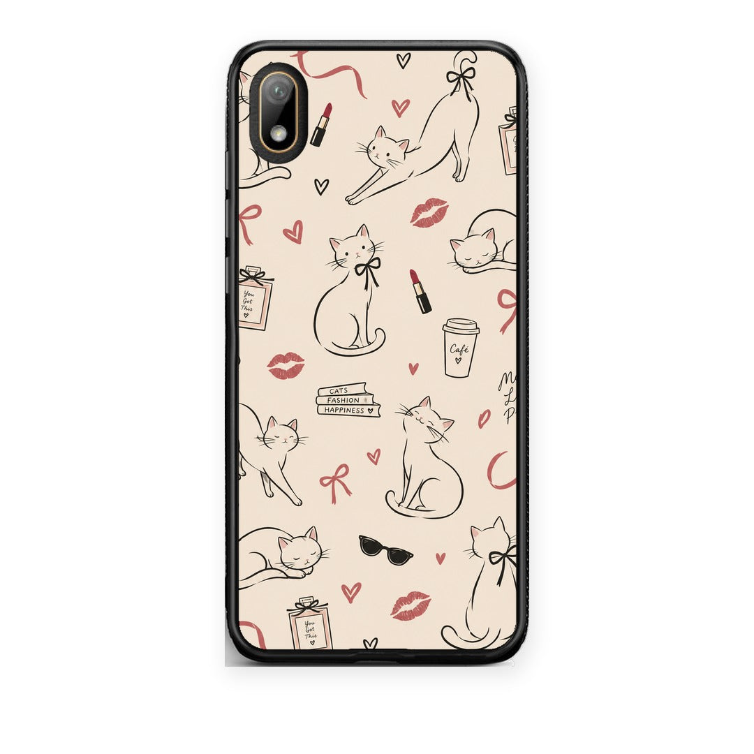 Θήκη Huawei Y5 2019 Minimal Cat and Fashion Doodles on Cream από τη Smartfits με σχέδιο στο πίσω μέρος και μαύρο περίβλημα | Huawei Y5 2019 Minimal Cat and Fashion Doodles on Cream case with colorful back and black bezels