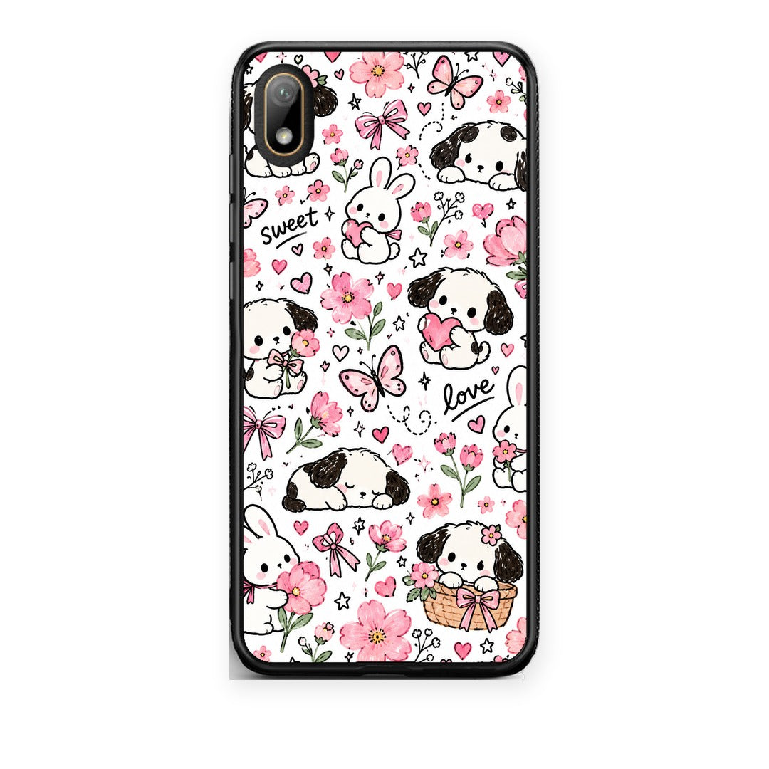 Θήκη Huawei Y5 2019 Pink Florals Puppies and Bunnies on White από τη Smartfits με σχέδιο στο πίσω μέρος και μαύρο περίβλημα | Huawei Y5 2019 Pink Florals Puppies and Bunnies on White case with colorful back and black bezels