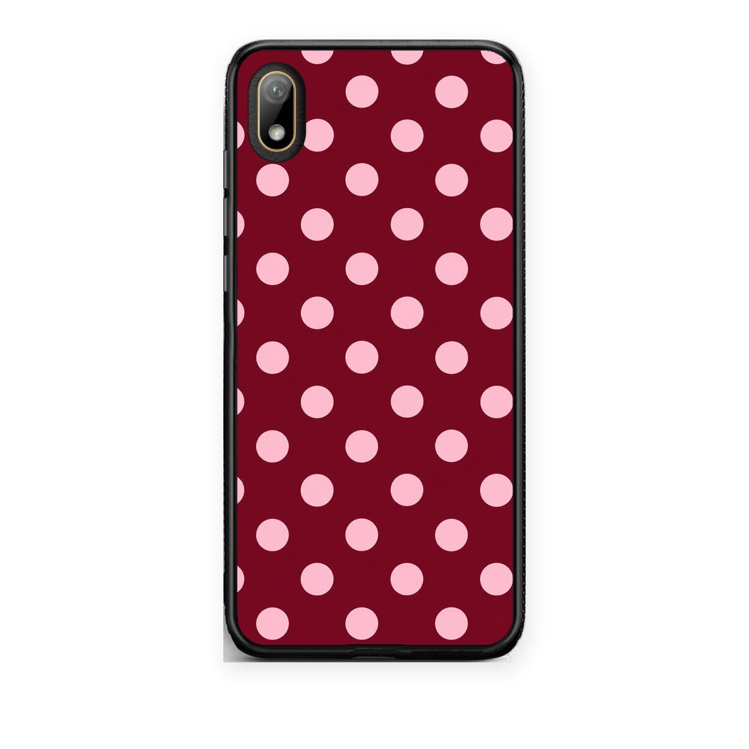 Θήκη Huawei Y5 2019 Pink Polka Dots on Burgundy από τη Smartfits με σχέδιο στο πίσω μέρος και μαύρο περίβλημα | Huawei Y5 2019 Pink Polka Dots on Burgundy case with colorful back and black bezels