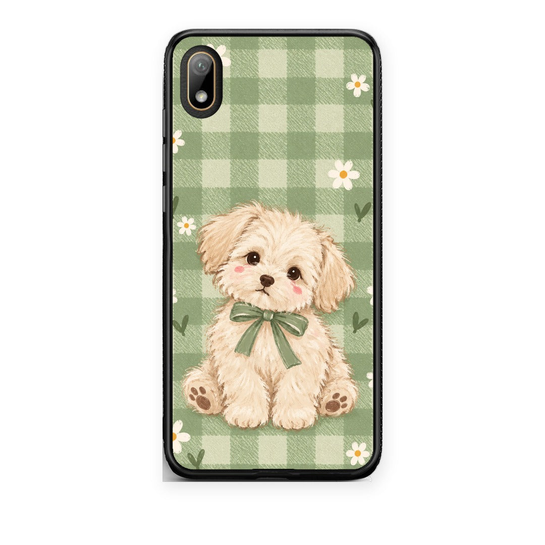 Θήκη Huawei Y5 2019 Puppy and Daisies on Sage Gingham από τη Smartfits με σχέδιο στο πίσω μέρος και μαύρο περίβλημα | Huawei Y5 2019 Puppy and Daisies on Sage Gingham case with colorful back and black bezels