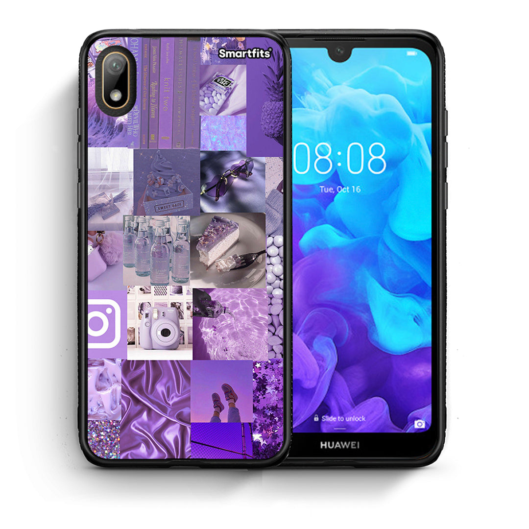 Θήκη Huawei Y5 2019 Purple Aesthetic Collage από τη Smartfits με σχέδιο στο πίσω μέρος και μαύρο περίβλημα | Huawei Y5 2019 Purple Aesthetic Collage case with colorful back and black bezels