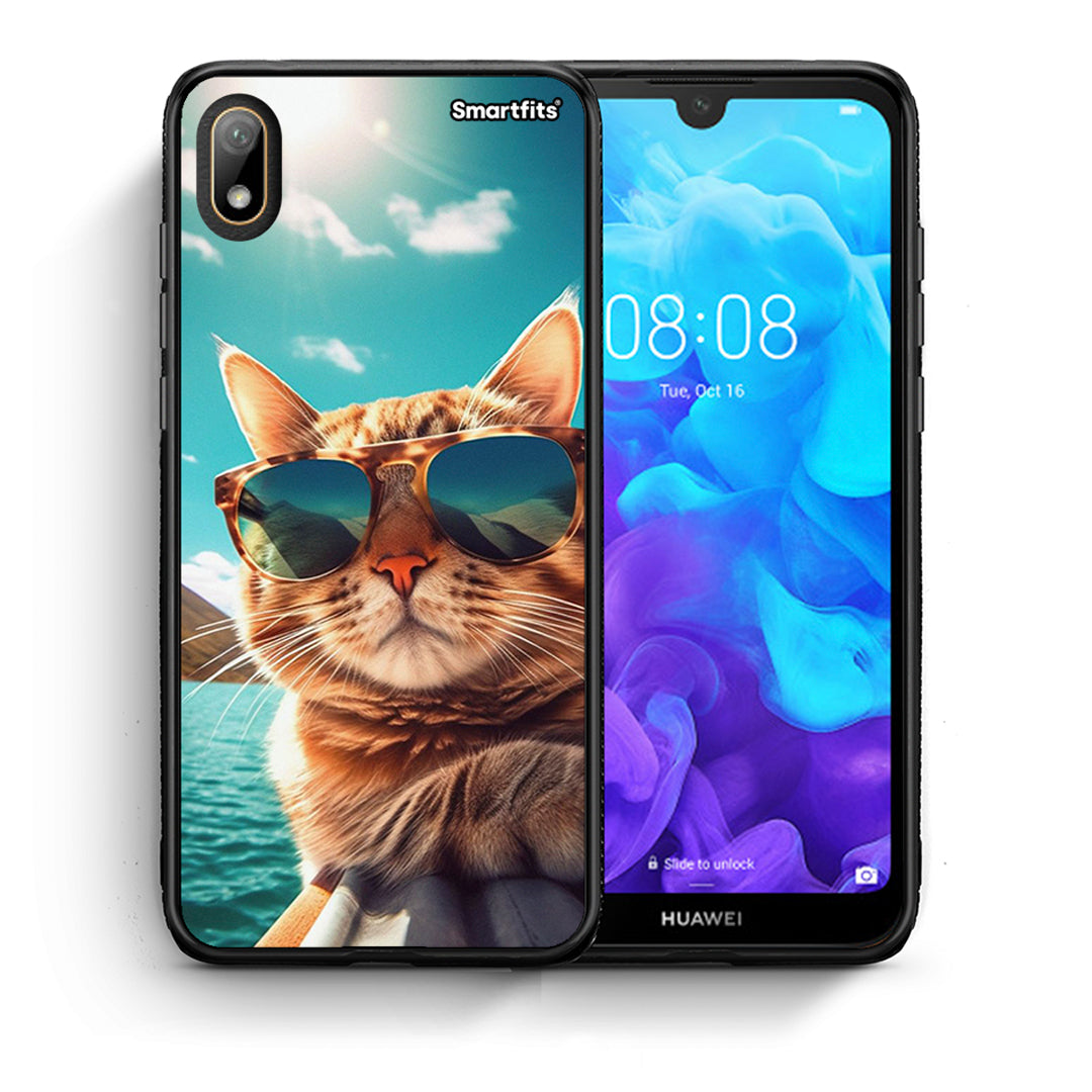 Θήκη Huawei Y5 2019 Summer Cat από τη Smartfits με σχέδιο στο πίσω μέρος και μαύρο περίβλημα | Huawei Y5 2019 Summer Cat case with colorful back and black bezels