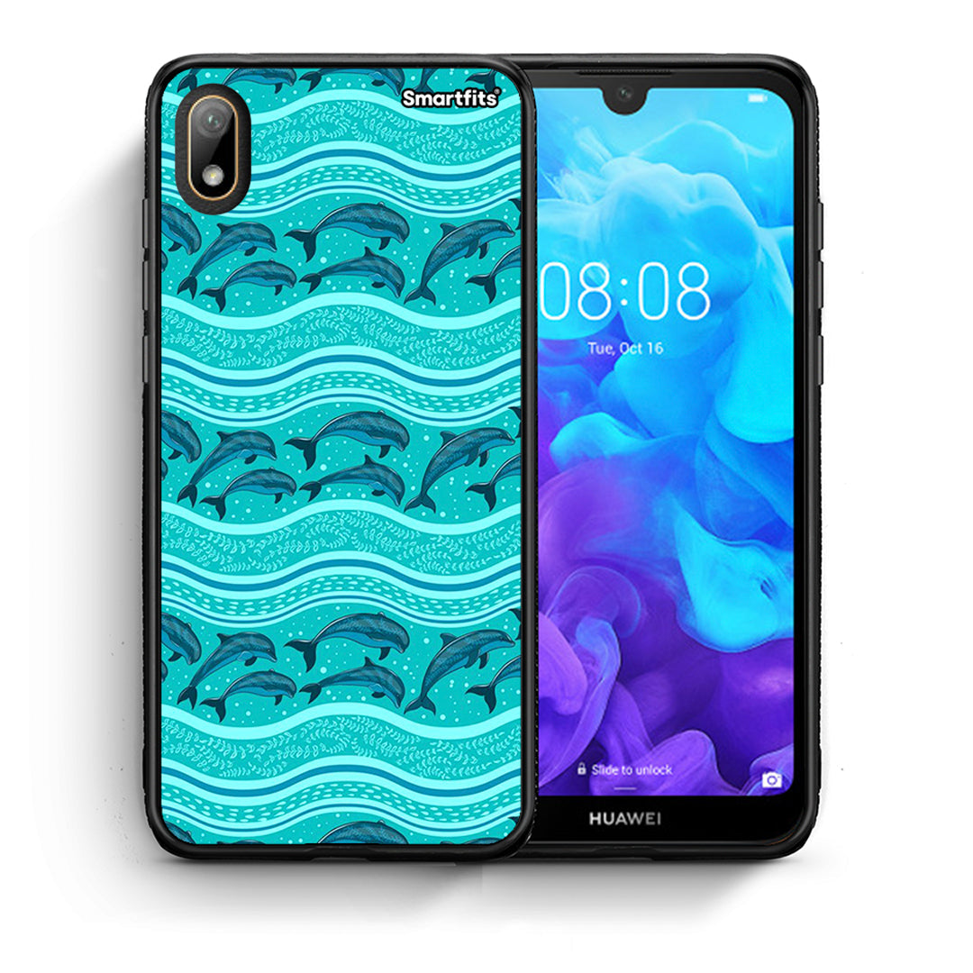 Θήκη Huawei Y5 2019 Swimming Dolphins από τη Smartfits με σχέδιο στο πίσω μέρος και μαύρο περίβλημα | Huawei Y5 2019 Swimming Dolphins case with colorful back and black bezels