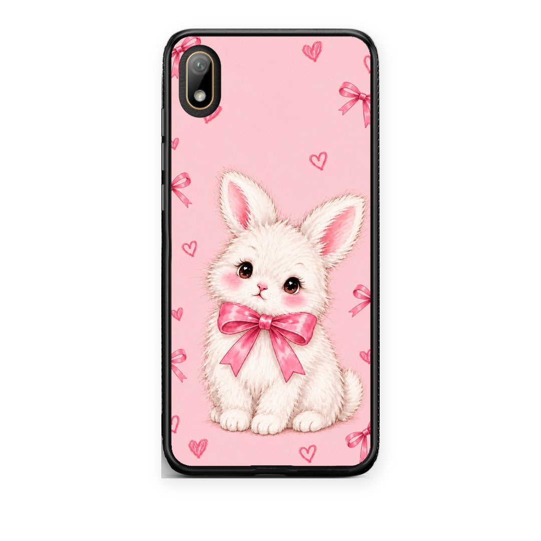 Θήκη Huawei Y5 2019 White Bunny and Pink Bows από τη Smartfits με σχέδιο στο πίσω μέρος και μαύρο περίβλημα | Huawei Y5 2019 White Bunny and Pink Bows case with colorful back and black bezels