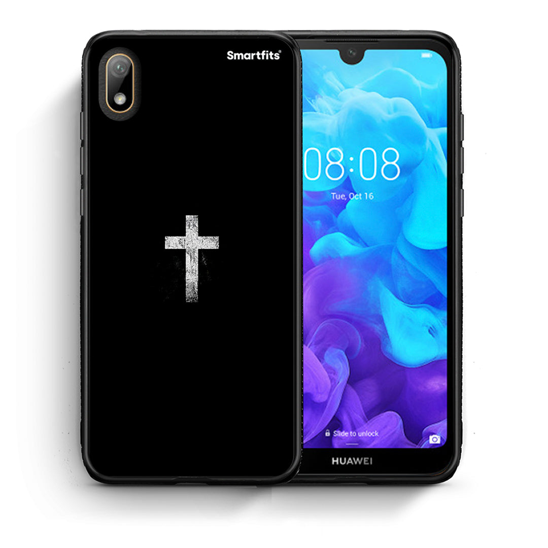 Θήκη Huawei Y5 2019 White Cross από τη Smartfits με σχέδιο στο πίσω μέρος και μαύρο περίβλημα | Huawei Y5 2019 White Cross case with colorful back and black bezels