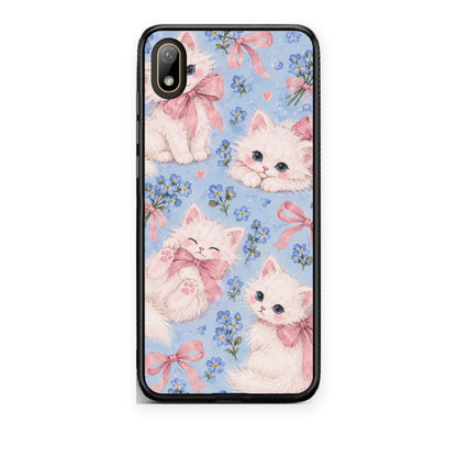 Θήκη Huawei Y5 2019 White Kittens and Blue Flowers Large από τη Smartfits με σχέδιο στο πίσω μέρος και μαύρο περίβλημα | Huawei Y5 2019 White Kittens and Blue Flowers Large case with colorful back and black bezels