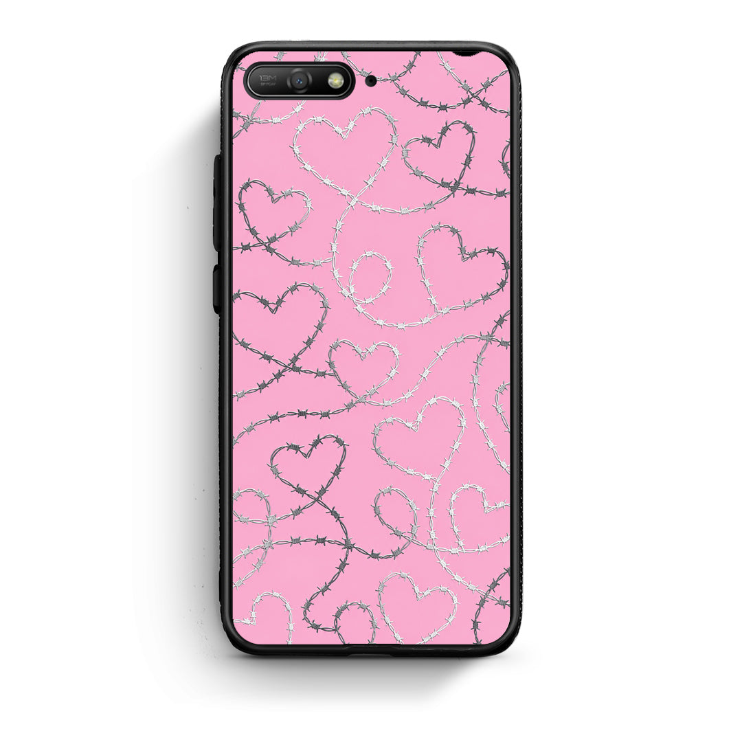 Θήκη Huawei Y6 2018 / Honor 7A Barbed Wire Hearts on Pink από τη Smartfits με σχέδιο στο πίσω μέρος και μαύρο περίβλημα | Huawei Y6 2018 / Honor 7A Barbed Wire Hearts on Pink case with colorful back and black bezels