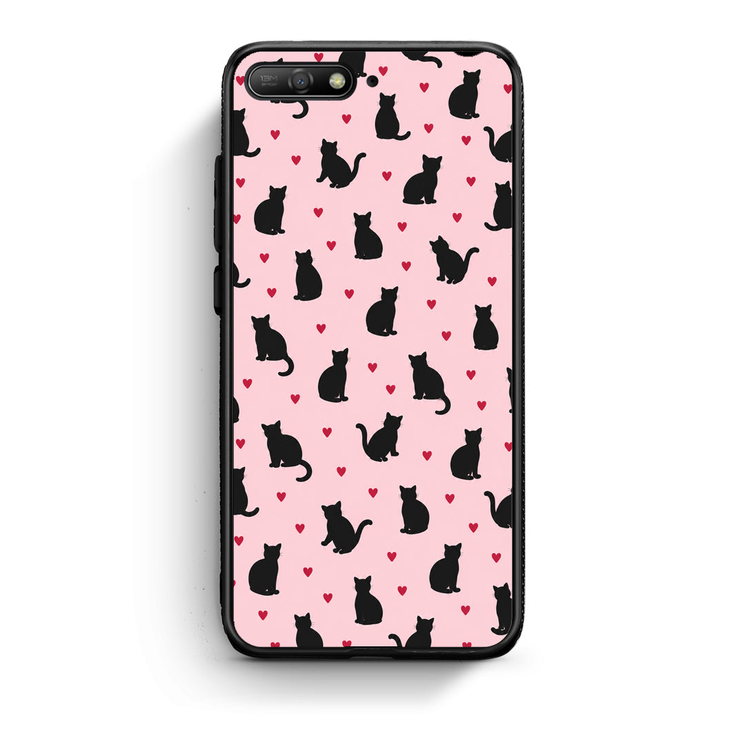 Θήκη Huawei Y6 2018 / Honor 7A Black Cat Silhouettes and Hearts on Pink από τη Smartfits με σχέδιο στο πίσω μέρος και μαύρο περίβλημα | Huawei Y6 2018 / Honor 7A Black Cat Silhouettes and Hearts on Pink case with colorful back and black bezels