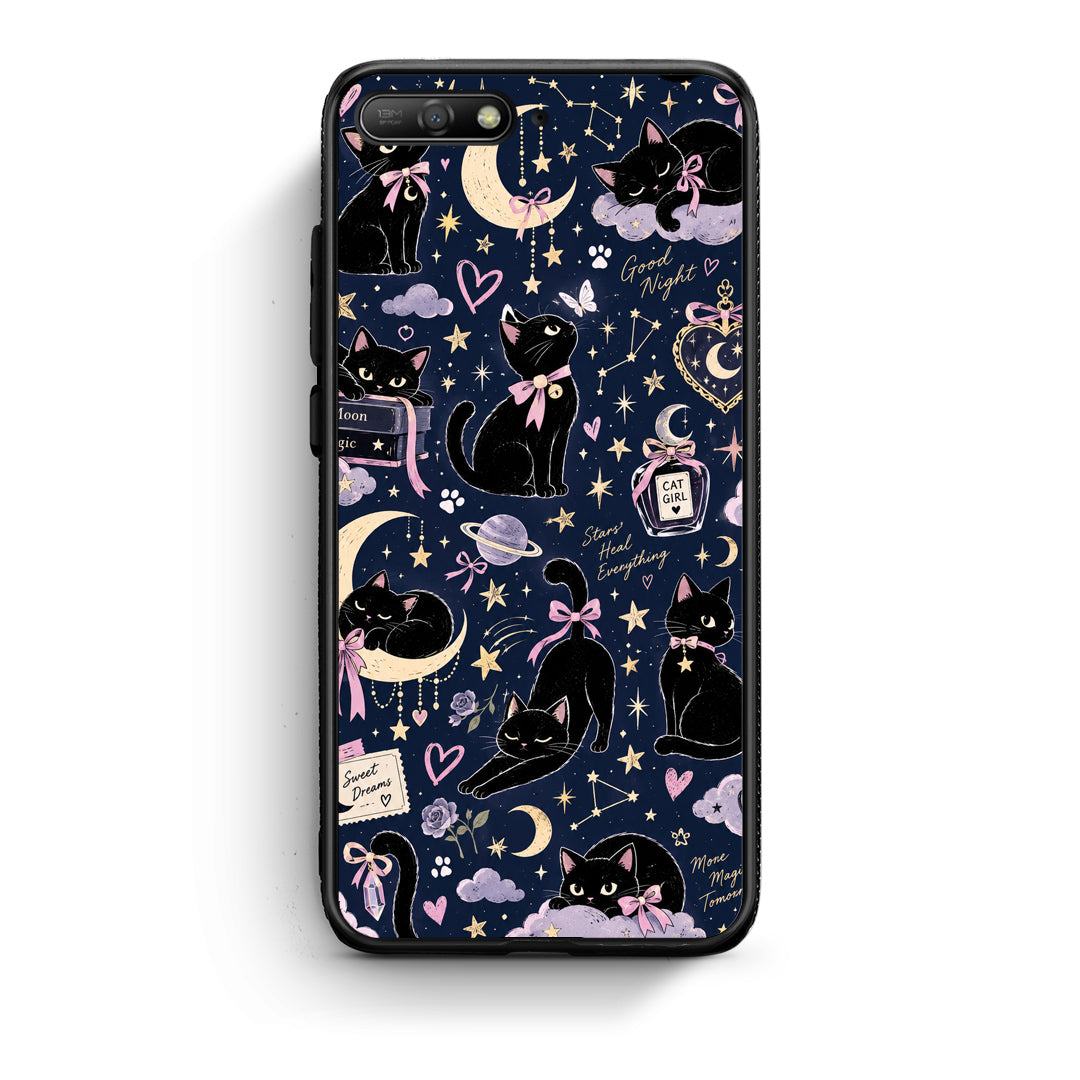 Θήκη Huawei Y6 2018 / Honor 7A Celestial Black Cats on Navy από τη Smartfits με σχέδιο στο πίσω μέρος και μαύρο περίβλημα | Huawei Y6 2018 / Honor 7A Celestial Black Cats on Navy case with colorful back and black bezels