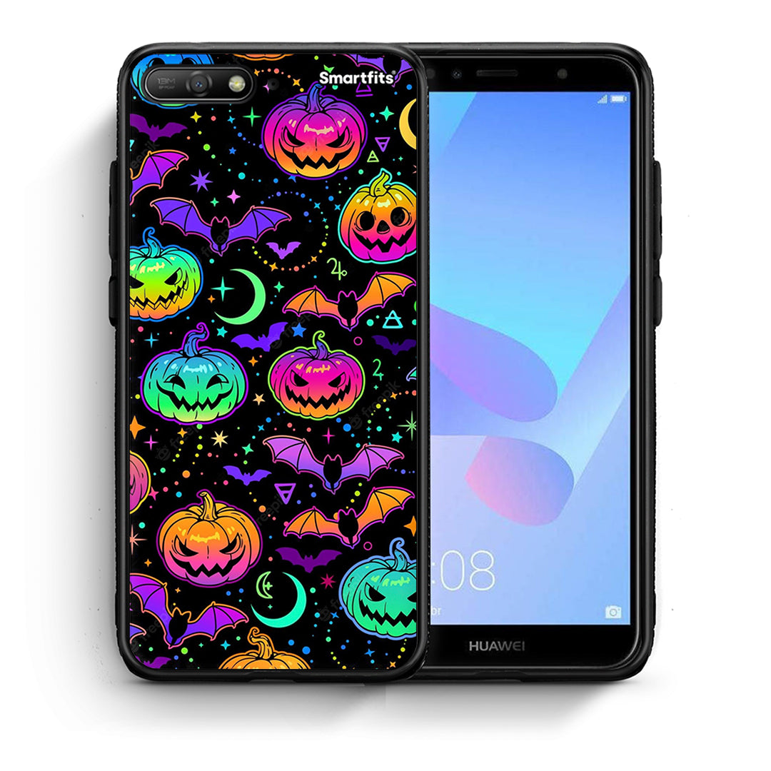 Θήκη Huawei Y6 2018 Neon Halloween από τη Smartfits με σχέδιο στο πίσω μέρος και μαύρο περίβλημα | Huawei Y6 2018 Neon Halloween case with colorful back and black bezels