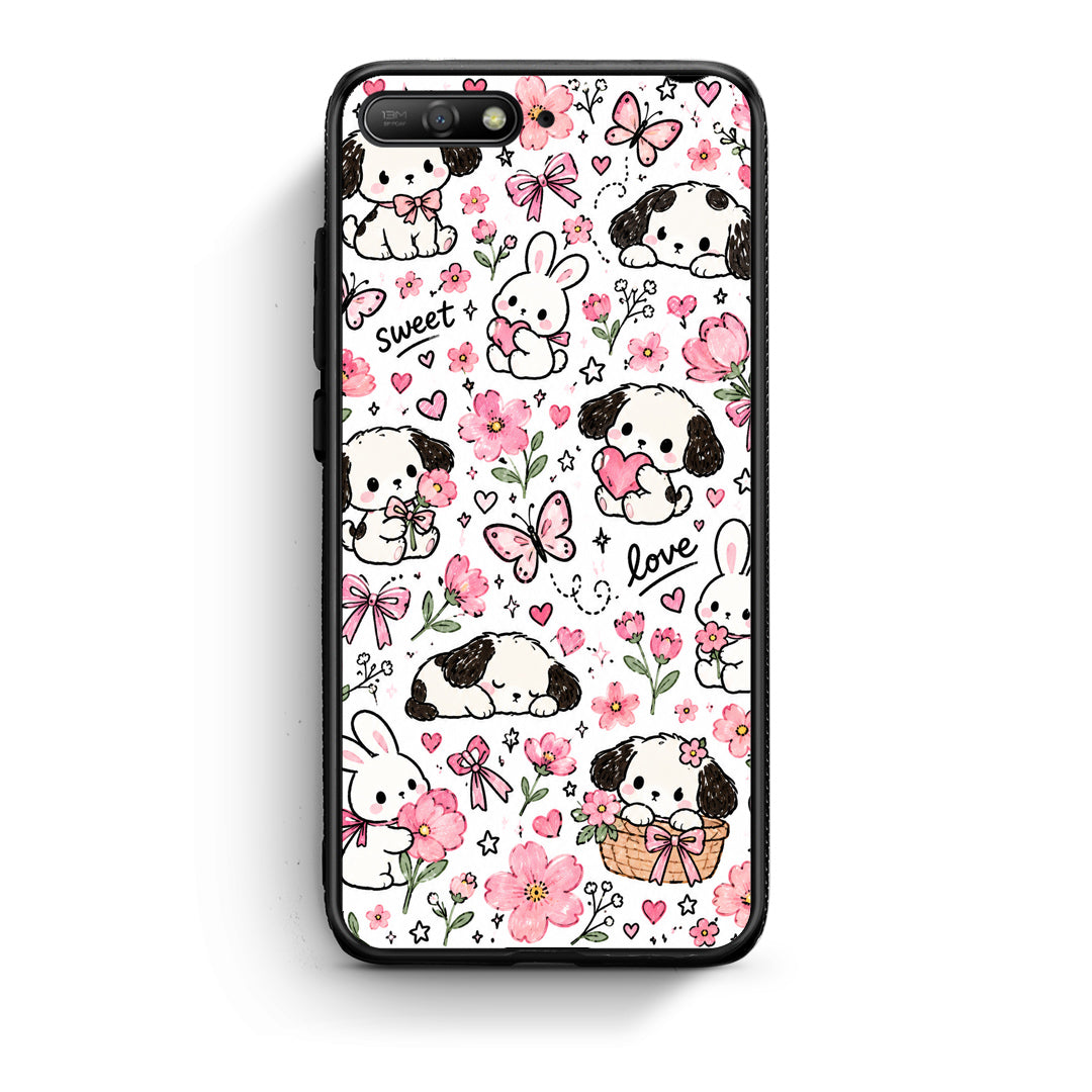 Θήκη Huawei Y6 2018 / Honor 7A Pink Florals Puppies and Bunnies on White από τη Smartfits με σχέδιο στο πίσω μέρος και μαύρο περίβλημα | Huawei Y6 2018 / Honor 7A Pink Florals Puppies and Bunnies on White case with colorful back and black bezels