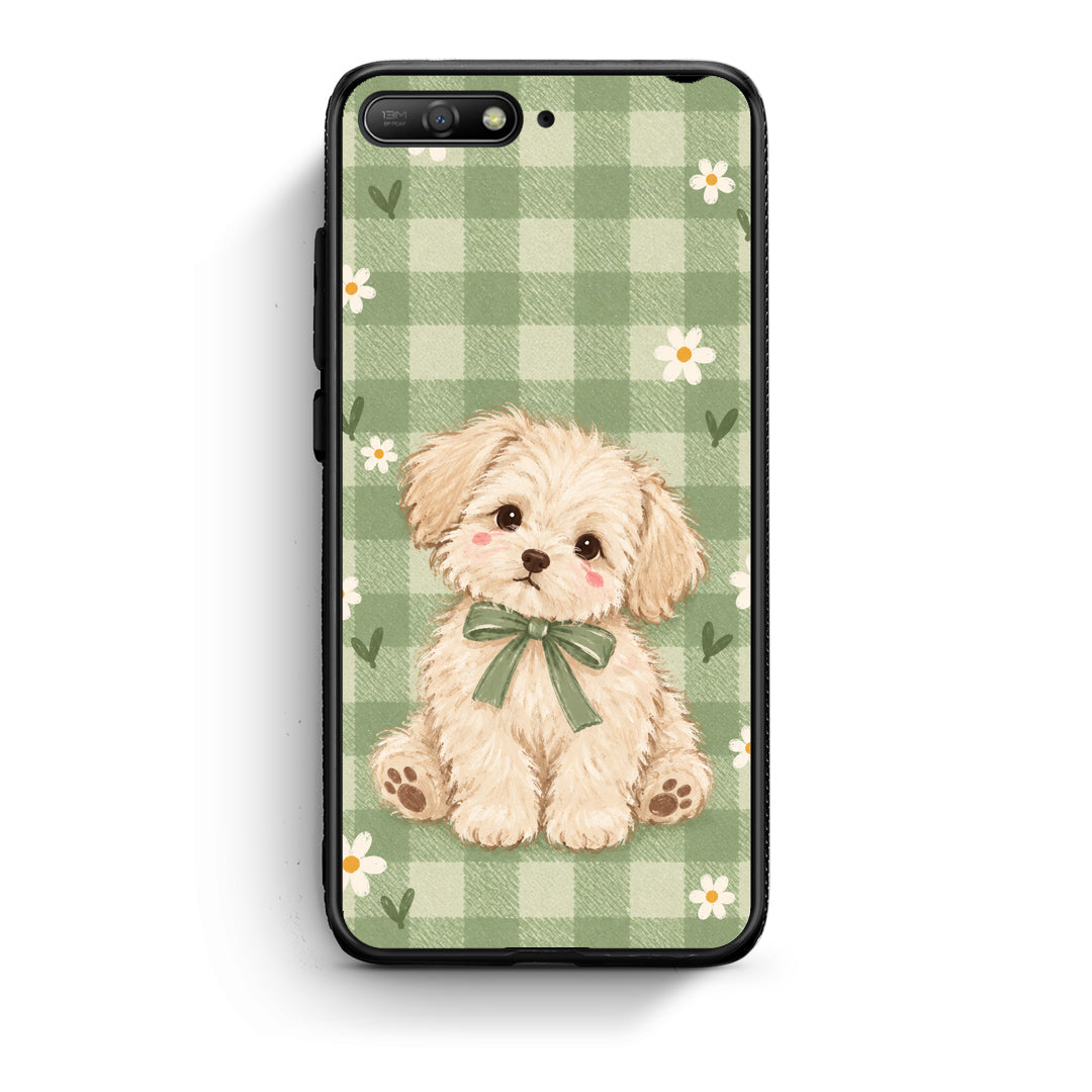 Θήκη Huawei Y6 2018 / Honor 7A Puppy and Daisies on Sage Gingham από τη Smartfits με σχέδιο στο πίσω μέρος και μαύρο περίβλημα | Huawei Y6 2018 / Honor 7A Puppy and Daisies on Sage Gingham case with colorful back and black bezels