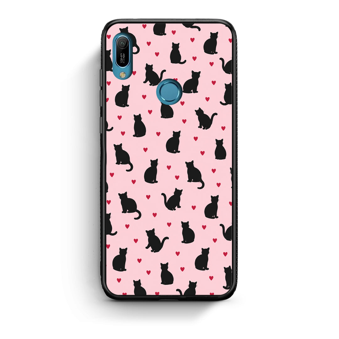 Θήκη Huawei Y6 2019 Black Cat Silhouettes and Hearts on Pink από τη Smartfits με σχέδιο στο πίσω μέρος και μαύρο περίβλημα | Huawei Y6 2019 Black Cat Silhouettes and Hearts on Pink case with colorful back and black bezels