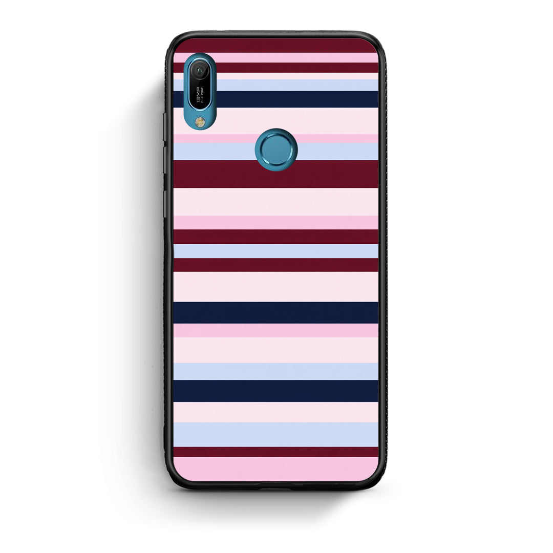 Θήκη Huawei Y6 2019 Burgundy Pink and Blue Horizontal Stripes από τη Smartfits με σχέδιο στο πίσω μέρος και μαύρο περίβλημα | Huawei Y6 2019 Burgundy Pink and Blue Horizontal Stripes case with colorful back and black bezels