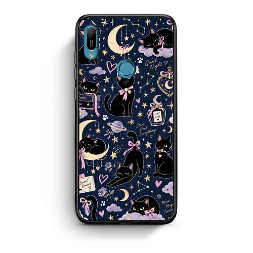 Θήκη Huawei Y6 2019 Celestial Black Cats on Navy από τη Smartfits με σχέδιο στο πίσω μέρος και μαύρο περίβλημα | Huawei Y6 2019 Celestial Black Cats on Navy case with colorful back and black bezels