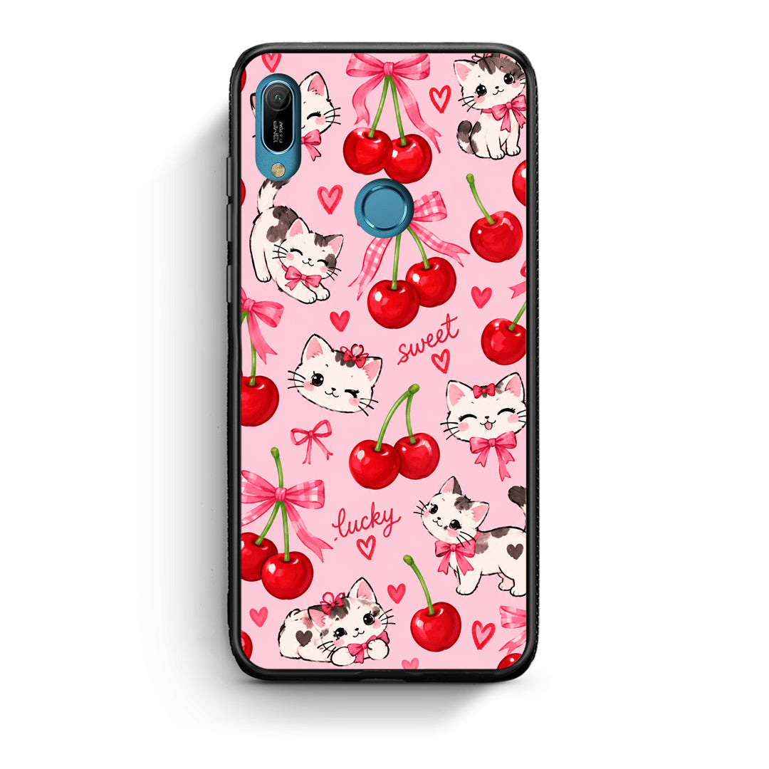 Θήκη Huawei Y6 2019 Cherries Bows and Kittens on Pink από τη Smartfits με σχέδιο στο πίσω μέρος και μαύρο περίβλημα | Huawei Y6 2019 Cherries Bows and Kittens on Pink case with colorful back and black bezels